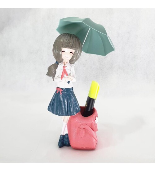 Polyester Şemsiyeli Kız Biblo Kalemlik Pembe Sepetli