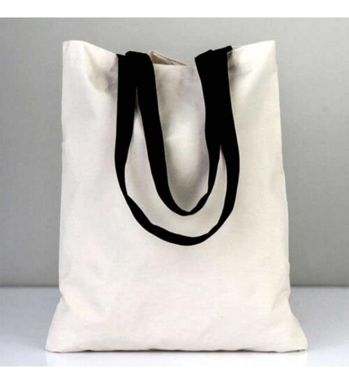 Siyah Askılı Beyaz Bez Çanta 34x37