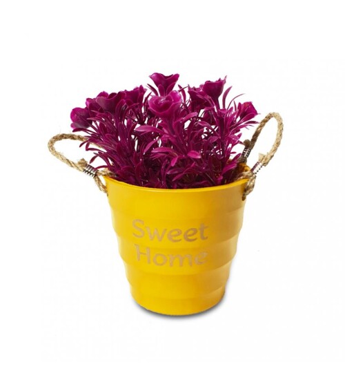 Sweet Home Sarı Yuvarlak Kovalı Hasır Kulplu Saksıda Çiçek