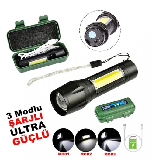 Flaşörlü Şarjlı Polis Led Mini El Feneri 3 Fonksiyonlu Zoomlu Mini El Feneri