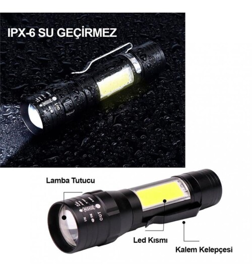 Flaşörlü Şarjlı Polis Led Mini El Feneri 3 Fonksiyonlu Zoomlu Mini El Feneri