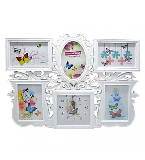 5 Fotoğraflı Saatli Beyaz Duvar Fotoğraf Çerçevesi