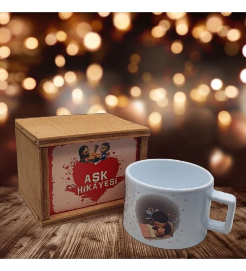 Aşk Hikayesi Ahşap Kutulu Kupa Bardak