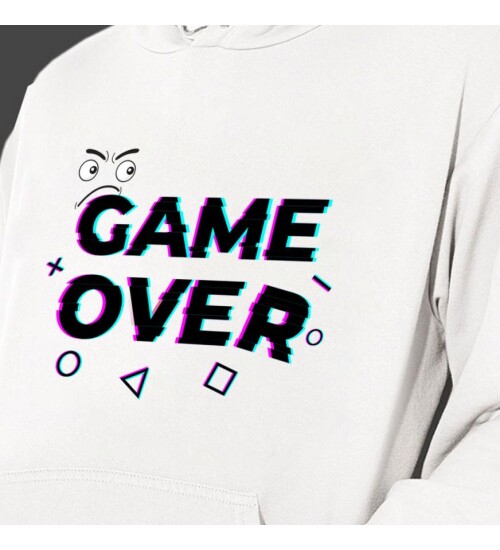Game Over Baskılı Kapşonlu Beyaz Unisex Sweatshirt HK2353