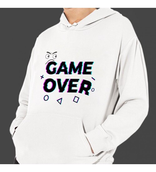 Game Over Baskılı Kapşonlu Beyaz Unisex Sweatshirt HK2353