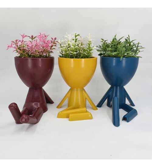 İnsan Figürlü Çiçekli Dekoratif Plastik Saksı Yapay Çiçek 3 Adet HK2566