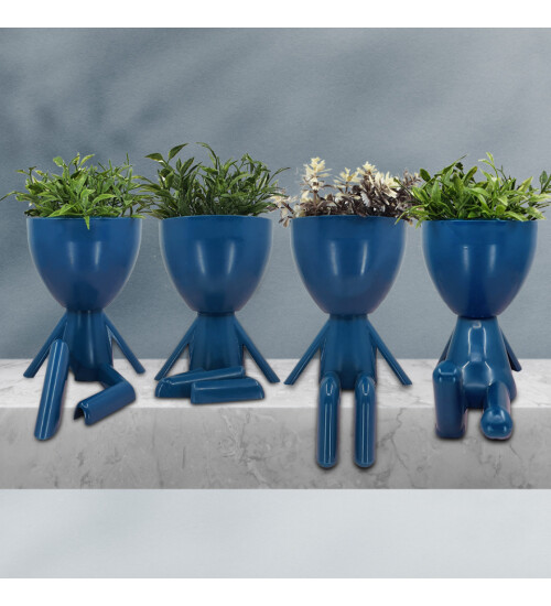 İnsan Figürlü Çiçekli Dekoratif Plastik Saksı Yapay Çiçek 4 Adet (Mavi) HK2564