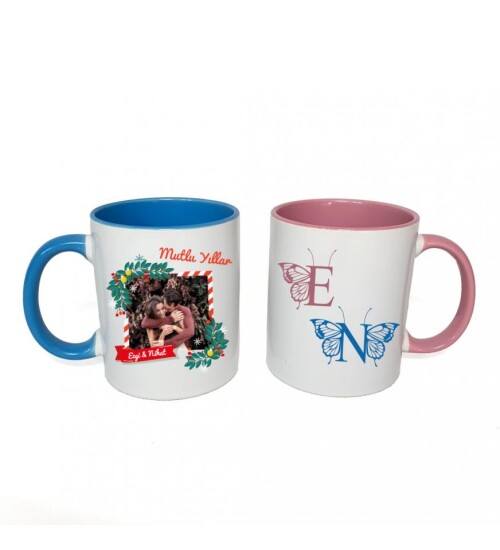 Kişiye Özel Yeniyıl Kelebek Temalı Sevgili Çift Fotoğraf Baskılı Porselen Kupa Bardak Pembe ve Mavi HK2422