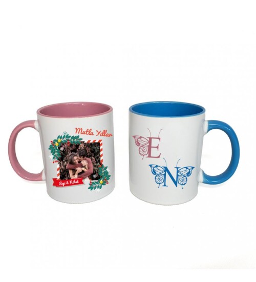 Kişiye Özel Yeniyıl Kelebek Temalı Sevgili Çift Fotoğraf Baskılı Porselen Kupa Bardak Pembe ve Mavi HK2422