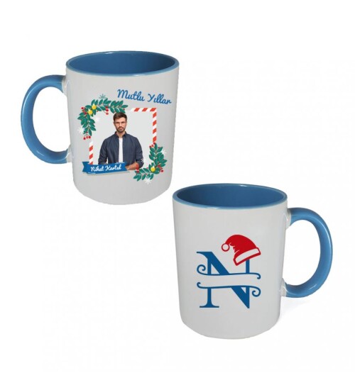 Kişiye Özel Yeniyıl Temalı Fotoğraf Baskılı Porselen Kupa Bardak Mavi HK2408