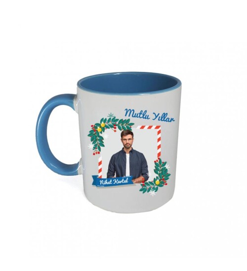 Kişiye Özel Yeniyıl Temalı Fotoğraf Baskılı Porselen Kupa Bardak Mavi HK2408