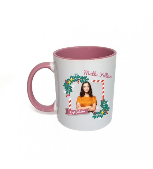 Kişiye Özel Yeniyıl Temalı Fotoğraf Baskılı Porselen Kupa Bardak Pembe HK2409