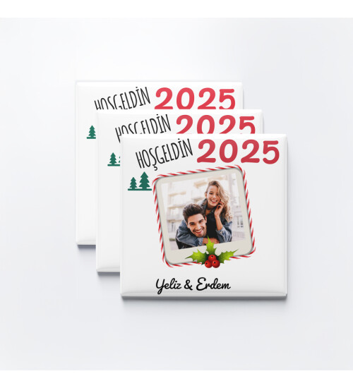 Kişiye Özel Beyaz Yılbaşı Temalı Fotoğraf Baskılı 6x6 Kare Magnet HK3761