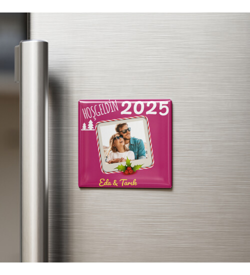 Kişiye Özel Pembe Yılbaşı Temalı Fotoğraf ve İsim Baskılı 6x6 Kare Magnet HK3763