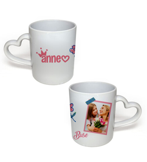 Kişiye Özel Anneler Günü Fotoğraf Baskılı Kalp Kulplu Kupa Bardak HK2652