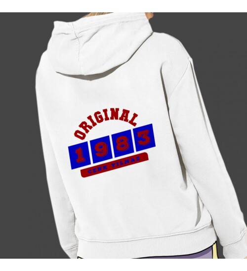 Kişiye Özel Bordo Mavi İsim Tarih Baskılı Kapşonlu Beyaz Unisex Sweatshirt HK2372