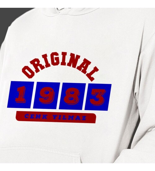 Kişiye Özel Bordo Mavi İsim Tarih Baskılı Kapşonlu Beyaz Unisex Sweatshirt HK2372