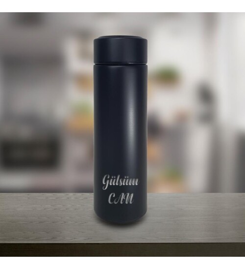 Kişiye Özel Öğretmenler Günü Özel Dijital Sıcaklık Göstergeli Süzgeçli Siyah Termos 450 Ml HK2347