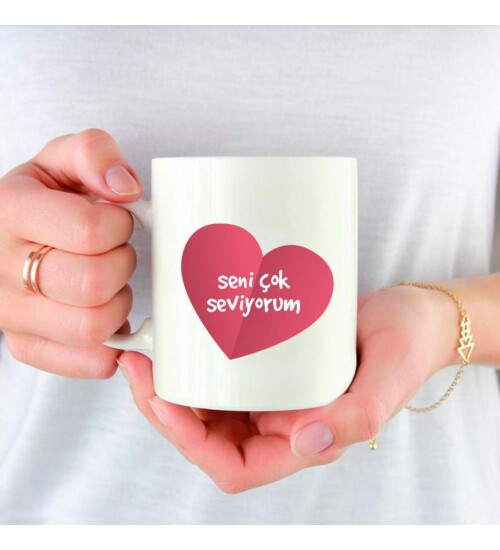 Kişiye Özel Fotoğraf Baskılı Seni Seviyorum Temalı Porselen Beyaz Kupa Bardak HK2427