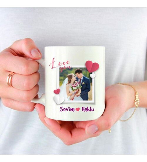 Kişiye Özel Fotoğraf Baskılı Seni Seviyorum Temalı Porselen Beyaz Kupa Bardak HK2427