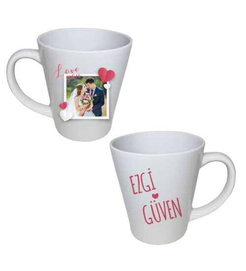 Kişiye Özel Fotoğraf ve İsim Baskılı Sevgili Love You Temalı Porselen Konik Beyaz Kupa HK2727