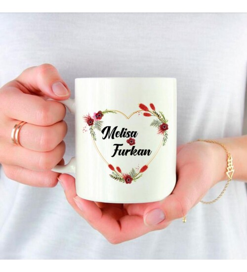 Kişiye Özel İsim Baskılı Kalp Temalı Porselen Beyaz Kupa Bardak HK2428