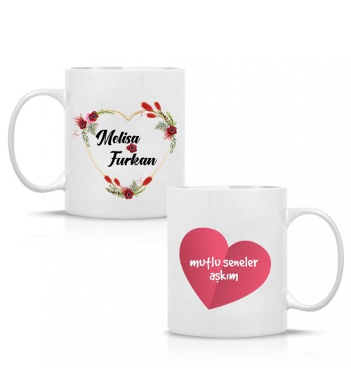 Kişiye Özel İsim Baskılı Kalp Temalı Porselen Beyaz Kupa Bardak HK2428