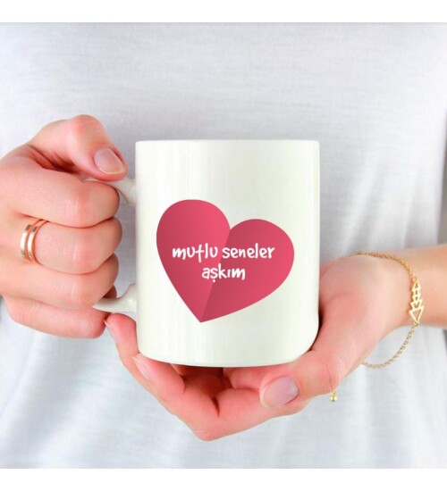 Kişiye Özel İsim Baskılı Kalp Temalı Porselen Beyaz Kupa Bardak HK2428