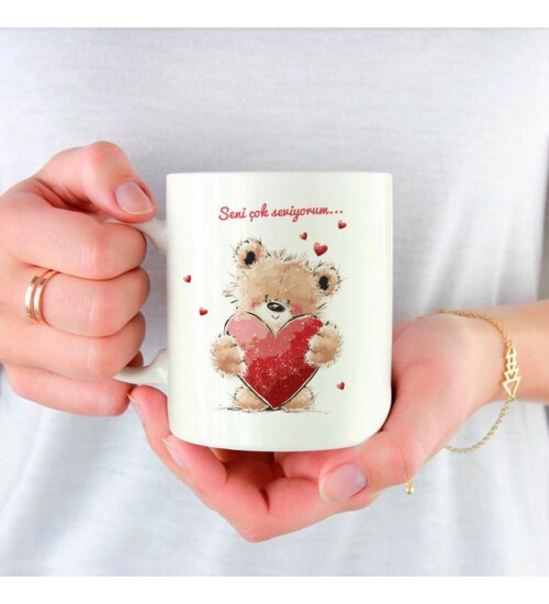 Kişiye Özel İsim Baskılı Seni Çok Seviyorum Kalp ve Ayıcık Temalı Sevgili Kupa HK2511