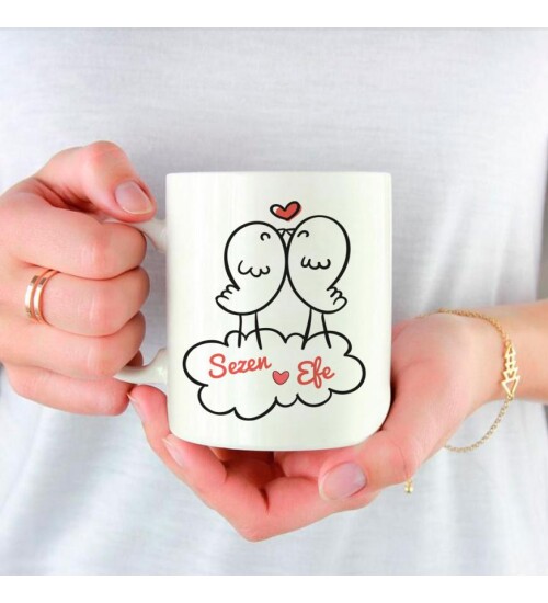 Kişiye Özel İsim, Foto ve Spotify Müzik Kodu Baskılı Mutlu Kuşlar Temalı Sevgili Kupa HK2512