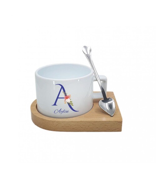 Kişiye Özel İsim ve Harf Baskılı Çiçek Temalı Ahşap Altlıklı Seramik Fincan HK2526