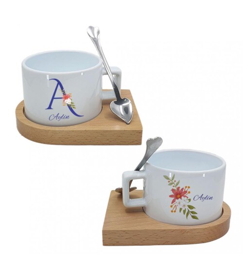 Kişiye Özel İsim ve Harf Baskılı Çiçek Temalı Ahşap Altlıklı Seramik Fincan HK2526