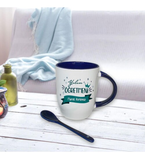 Kişiye Özel Öğretmenler Günü Baskılı İçi ve Kulbu Mavi, Kaşıklı Porselen Kupa Bardak HK2329