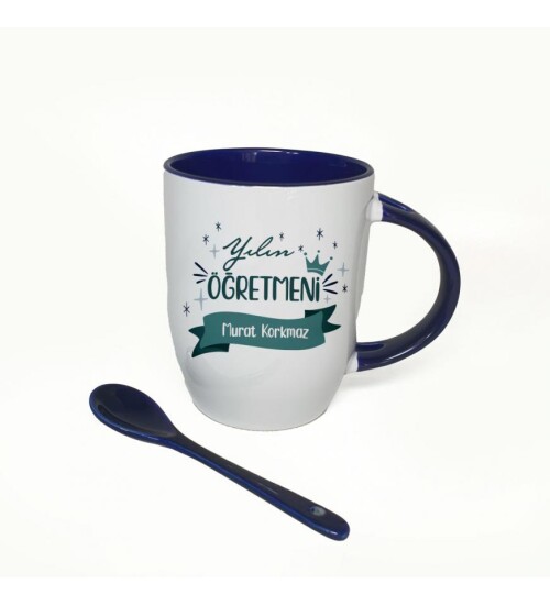 Kişiye Özel Öğretmenler Günü Baskılı İçi ve Kulbu Mavi, Kaşıklı Porselen Kupa Bardak HK2329
