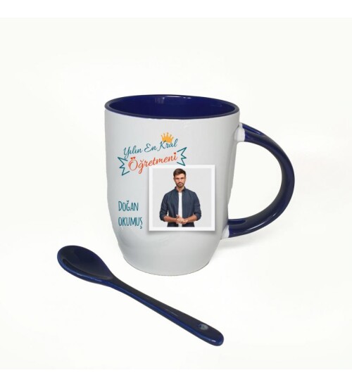 Kişiye Özel Öğretmenler Günü Baskılı İçi ve Kulbu Mavi, Kaşıklı Porselen Kupa Bardak HK2332