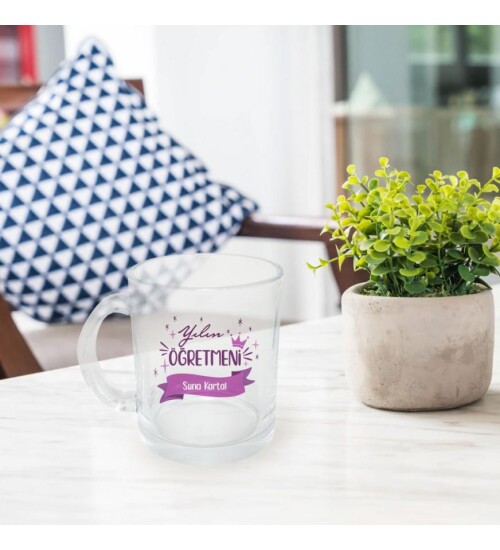 Kişiye Özel Öğretmenler Günü Yılın Öğretmeni Baskılı Şeffaf Cam Kupa Bardak HK2325