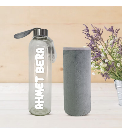 Kişiye Özel Peluş Kılıflı Cam Matara 750 Ml