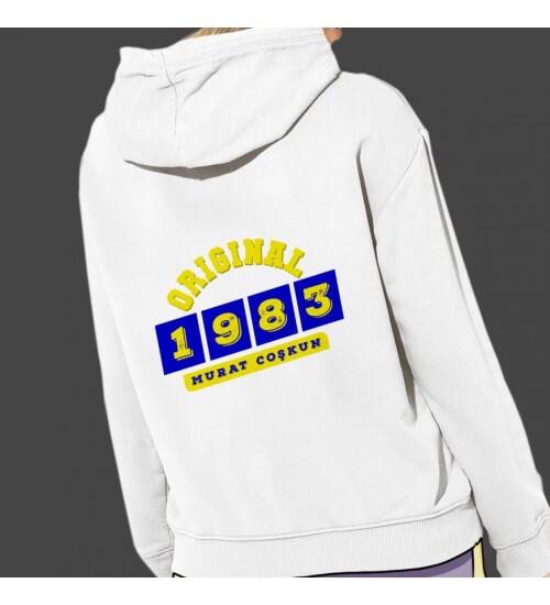 Kişiye Özel Sarı Lacivert İsim Tarih Baskılı Kapşonlu Beyaz Unisex Sweatshirt HK2371