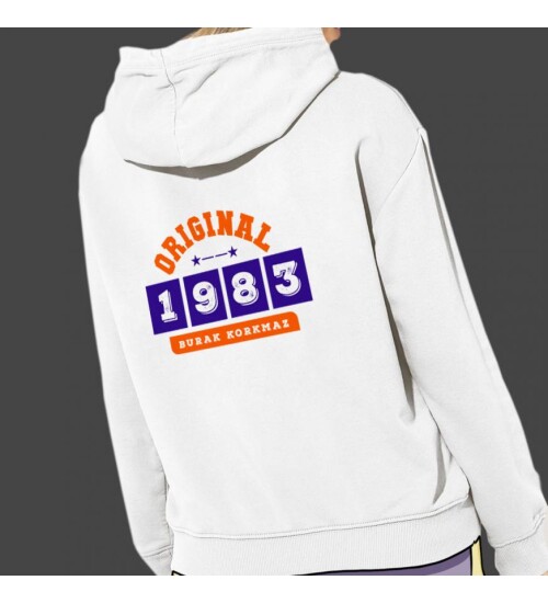 Kişiye Özel Tarih Baskılı Kapşonlu Beyaz Unisex Sweatshirt HK2360