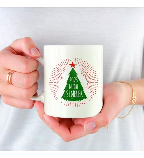 Kişiye Özel Yeniyıl 2023 Baskılı Porselen Beyaz Kupa Bardak HK2366