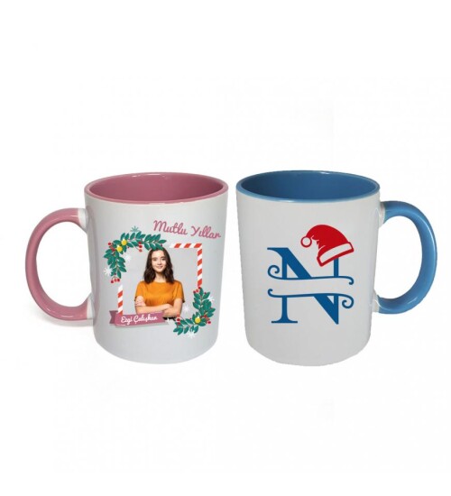 Kişiye Özel Yeniyıl Temalı Sevgili Çift Fotoğraf Baskılı Porselen Kupa Bardak Pembe ve Mavi HK2407