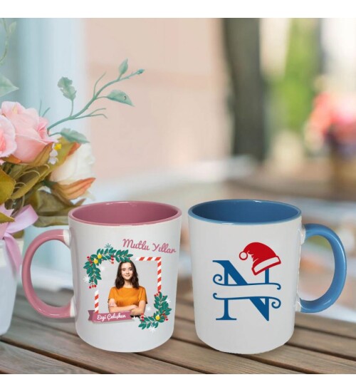 Kişiye Özel Yeniyıl Temalı Sevgili Çift Fotoğraf Baskılı Porselen Kupa Bardak Pembe ve Mavi HK2407