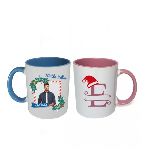 Kişiye Özel Yeniyıl Temalı Sevgili Çift Fotoğraf Baskılı Porselen Kupa Bardak Pembe ve Mavi HK2407