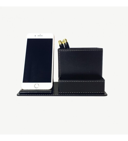 Siyah Suni̇ Deri Masa Seti Telefon Tutuculu