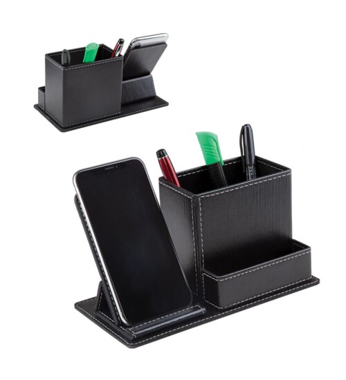 Siyah Suni̇ Deri Masa Seti Telefon Tutuculu