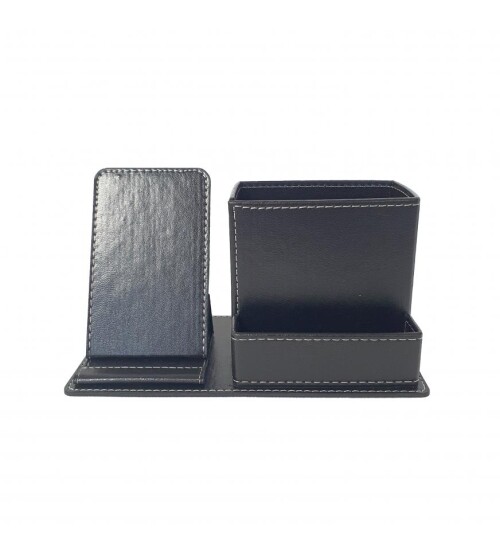 Siyah Suni̇ Deri Masa Seti Telefon Tutuculu