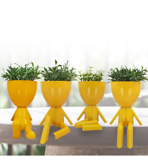 İnsan Figürlü Çiçekli Dekoratif Plastik Saksı Yapay Çiçek 4 Adet (Sarı) HK2563