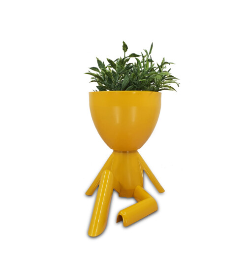 İnsan Figürlü Çiçekli Dekoratif Plastik Saksı Yapay Çiçek 4 Adet (Sarı) HK2563