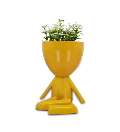 İnsan Figürlü Çiçekli Dekoratif Plastik Saksı Yapay Çiçek 4 Adet (Sarı) HK2563