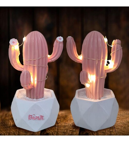3D Işıklı Pembe Kaktüs Dekoratif Masa Lambası